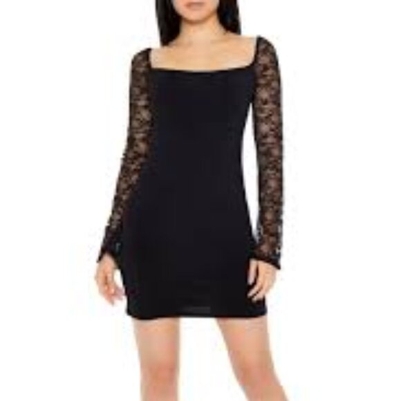 Forever 21 Black Bodycon Mini Dress with Long Lace Sleeves, Stretch Size Small - Picture 1 of 5